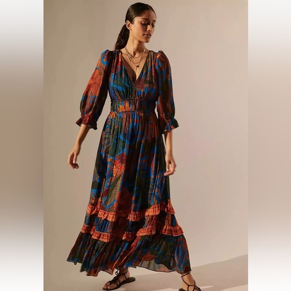 Anthropologie Farm Rio Puff Sleeve Multi Color Blue Floral Maxi Dress, XL NWT - Picture 2 of 16